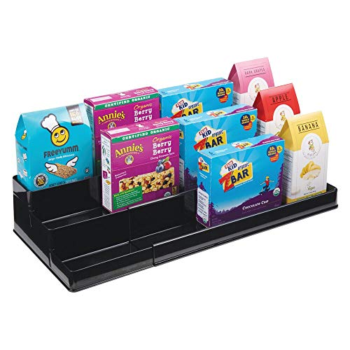 mDesign Especiero para armario de cocina o encimera – Estante extensible para almacenar condimentos y ordenar la cocina – Organizador de especias en plástico con tres niveles – negro
