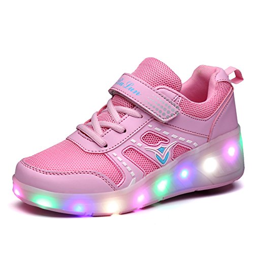Chicos Chicas LED Iluminado Zapatillas con Ruedas Individuales Zapatillas de Deporte de Entrenamiento Deportivo al Aire Libre (28 EU, Blanco Polvo) Cover