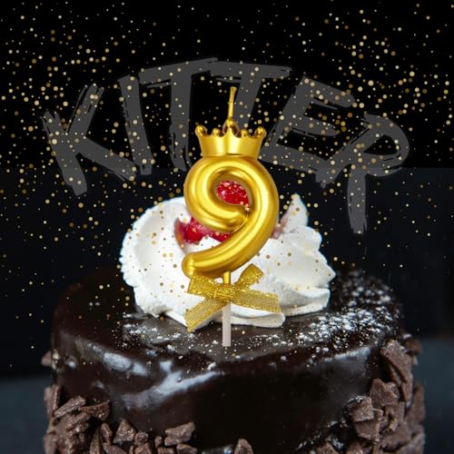 Image of KITTER 1 Pc 9 Number Candle for Birthday Cake Crown Candle with Number 9th Birthday Cake Decoration Cake Topper Number Candles for Anniversary No. Nine with Crown on Top (Golden Colour, Pack of 1)