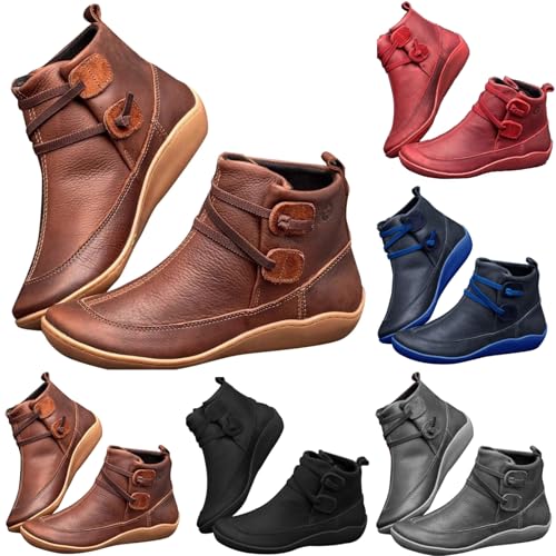 Fall Boots for Women 2025, Women's Vintage Casual Short Ankle Boots, Arch Support Fashion No Heel Lace Up Retro Leather Booties Comfy Damping Slip On Flat Shoes Spring Fall Winter4