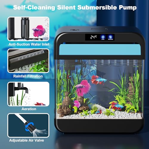 Fish Tank Aquarium 2.2 Gallon with Humidifier 7 Color Looping Light with Timer Self-Cleaning 3 in 1 Water Pump with Filteration & Oxygenation & Circulation, Temperature Display, HD Heat Bending Glass