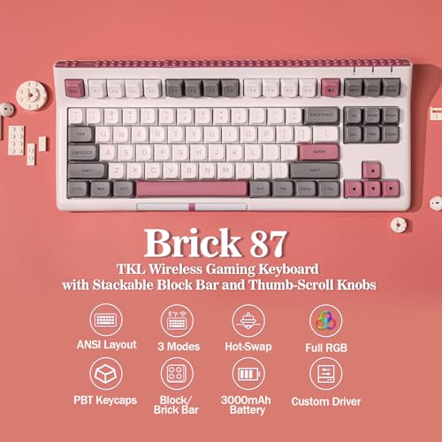 Image of EPOMAKER Brick 87 Mechanical Keyboard with Stackable Block Strip and Buttons, Custom Keyboard, Bluetooth /Wireless /USB-C, Hot-Swap, RGB Lighting, for Win /Mac /Game (GreyPink, Wisteria Linear)