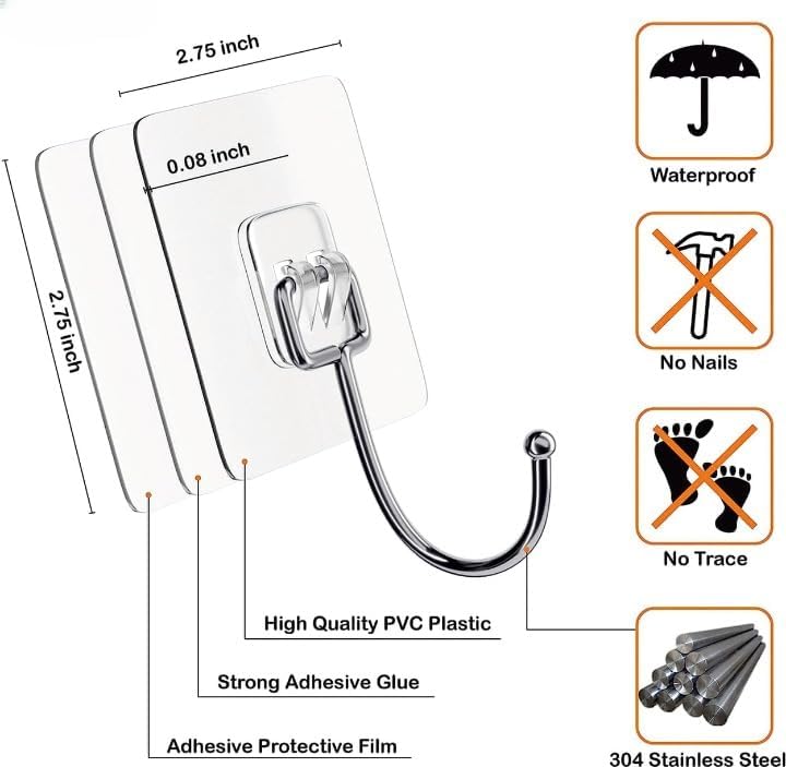 Image of Self Adhesive Heavy Duty Wall Hooks for Hanging Transparent Stainless Steel Waterproof Hooks for Kitchen, Bathroom, Home & Office (Stylish)