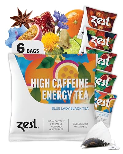 Zest Energy Tea Assortment Box – High Caffeine Tea Bags Sampler with Black & Green Tea – Caffeinated Coffee Alternative for Morning Focus – 6 Tea Bags – 135-150mg Caf per Cup – Natural, Non-GMO, Keto