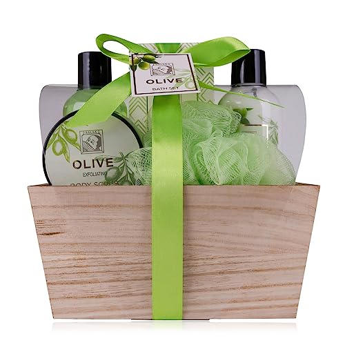 Accentra - set de ducha set de regalo para mujer OLIVE en una hermosa caja de madera - set de cuidado de 5 partes con gel de ducha, loción corporal, sal de baño, peeling corporal y esponja de red