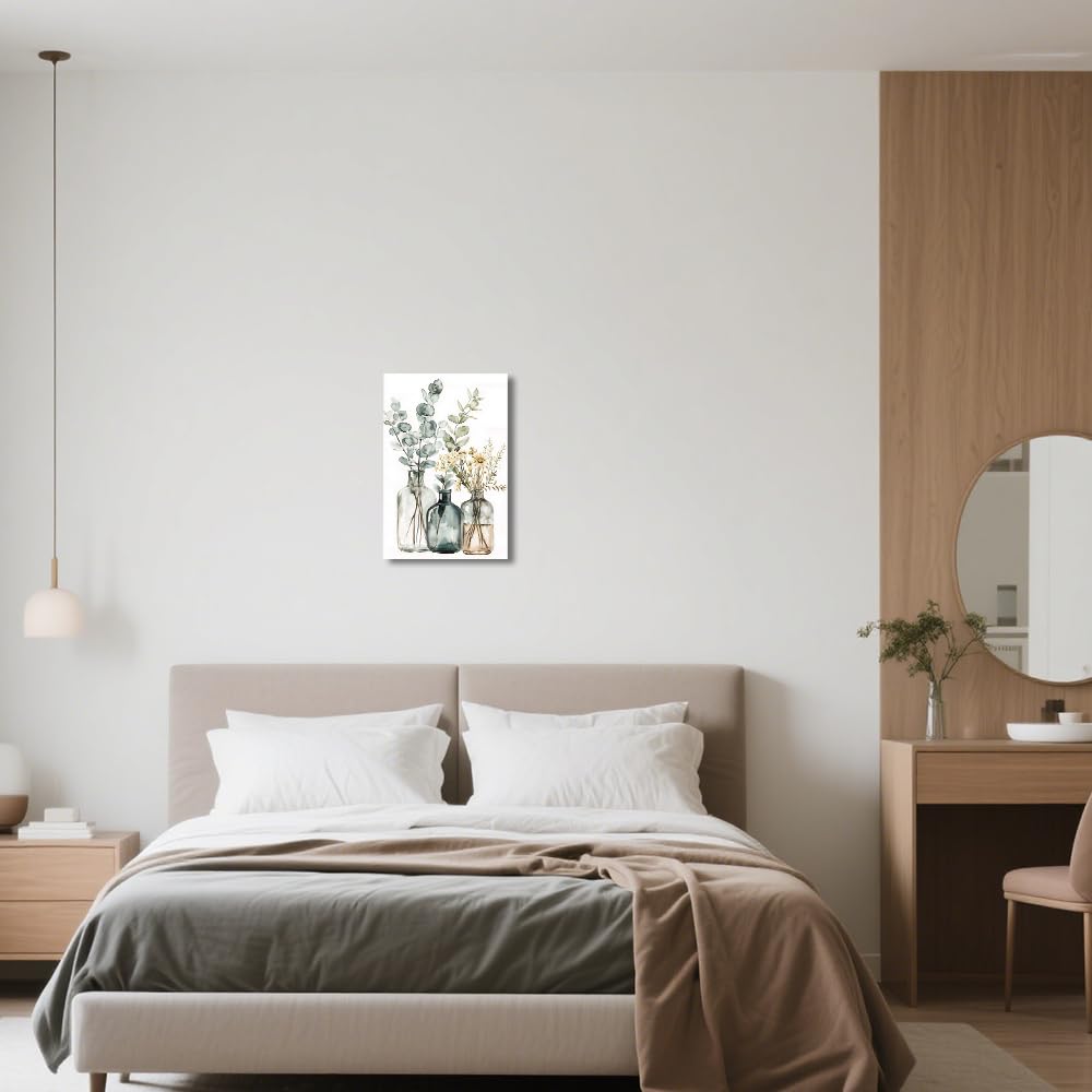 QIXIANG Kunstdruck auf Leinwand, Motiv: Eukalyptus-Salbei, grüne Blumenblätter, Bilddrucke, Boho, Wildblume, botanisches Gemälde für Wohnzimmer, Badezimmer (weiß, 40,6 x 61 cm)