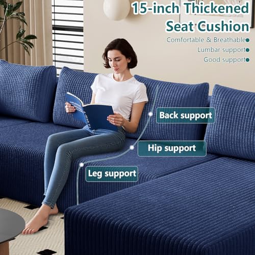 Image of 142 inch U-Shape Cloud Couch, Modern Modular Sectional U-Shape Sofa, Corduroy Boneless Couch Upholstered Couches Deep Seat Sleeper Chaise Longue for Living Room, No Assembly Required,Blue