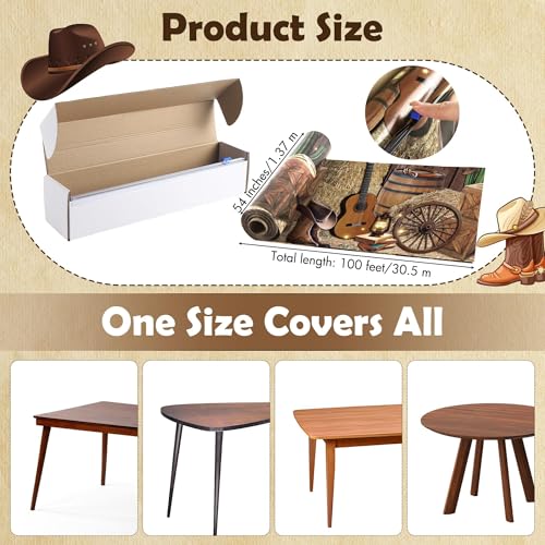 Image of Kochorie 54 Inch X 100 Feet Western Party Tablecloth Roll, Disposable Western Cowboy Table Cover, Cowboy Theme Plastic Tablecloth Wild West Wooden House Barn Door Table Cover for Baby Shower Birthday