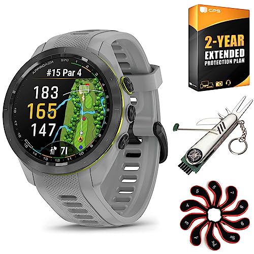 Garmin Approach S70 42 mm Premium GPS Golf Watch, Powder Grey Band (010-02746-01) Bundle with 2 YR CPS Enhanced Protection Pack, Deco Gear 7-in-1 Golf Tool and Iron Head Covers Set