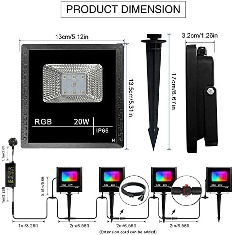LED Floodlight Outdoor,Low Voltage 4 * 20W RGB Color Changing Outdoor Spotlight App Control Flood Lights Outdoor IP66 Waterproof Pathway Halloween Outdoor Garden Lights,Wall, Garden,Tree Lights