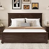 Mirightone King Size Platform Bed with Tall Headboard & Footboard, Pinewood King Bed Frame with Wood Panel Bed Base, No Squeak, No Box Spring Needed, Traditional Style, Brown