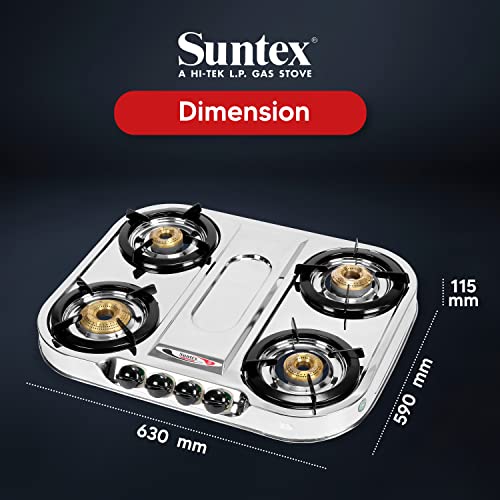 Image of Suntex 4 Burner Stainless Steel Gas Stove for LPG | 4 Premium Orchid Brass Burners with Heavy Duty Pan Supports | Manual Ignition Cooktop | ISI Certified | 24 Months Warranty | Large Size