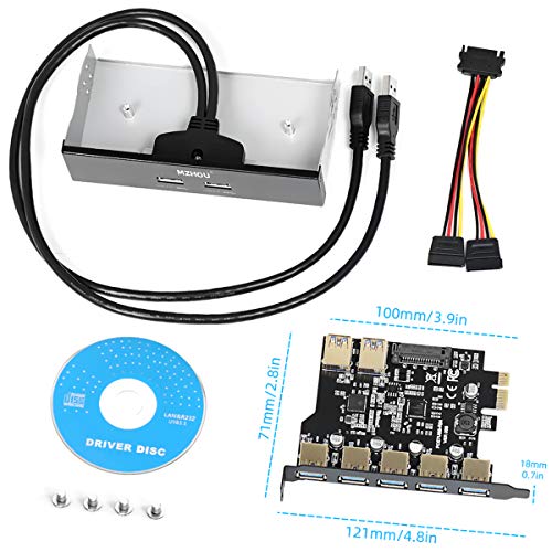 Mzhou 7 Ports Pci-E To Usb 3.0 Expasion Card With 19-Pin Sata Power Connector Superspeed Up To 5Gbps,And The Front Panel Bay And 1 Power Supply Cables,For Window 7/8/10/Xp/Vista #TOP6