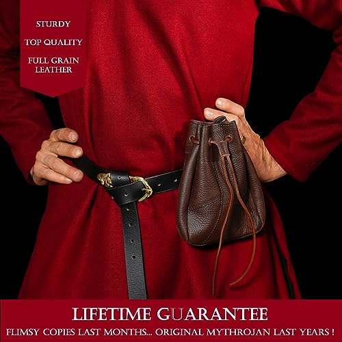 Mythrojan Leather Belt Bag Medieval Pouch Renaissance Drawstring Large Pouch with 100% Genuine Leather, Viking Belt Purse for Reenactments, SCA, LARP, Cosplay Costume Accessory - Brown, 8.5”3