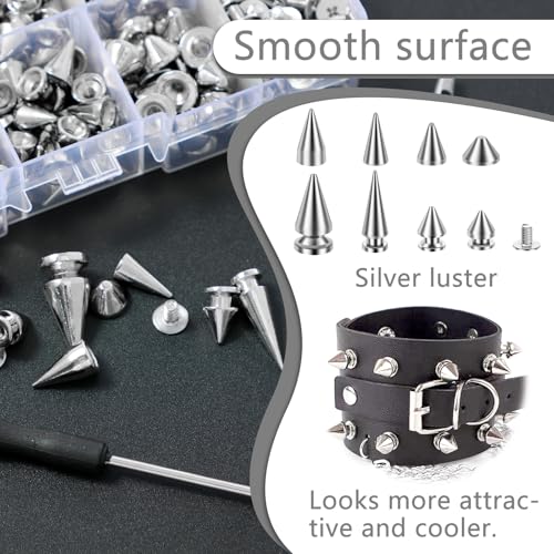359Pcs Punk Spikes and Studs Kit, Cone Spike and Stud Rivet Kit 8 Size Metal Leather Tree Spike Assortment Kit Clothing Stud Décor Kit for Clothing Jacket Shoes Wallet