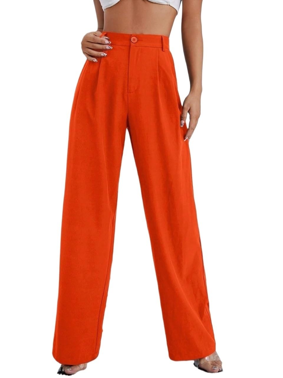 Womens Fall Solid Zip Up Straight Leg Pants Trousers Orange