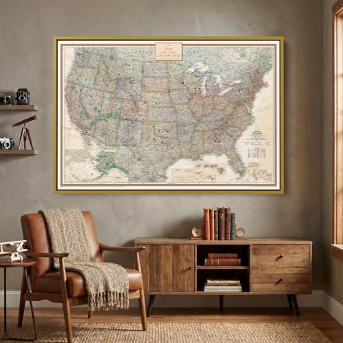 Image of Executive United States Map with Pins - Detailed National Geographic USA Canvas Travel Tracker - Extra Large Framed Wall Art - Gold Float Frame - 34 inch x 51 inch