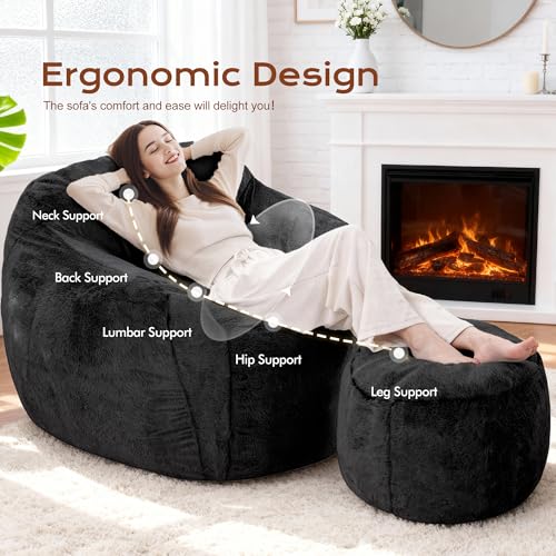 Image of Homguava Giant Bean Bag Chairs for Adults,Large Bean Bag Couch with Ottoman | Big Beanbag Chair with Memory Foam Filled,Oversized Bean Bag Sofa,Faux Fur Floor Sofa Chair for Bedroom Living Room-Black