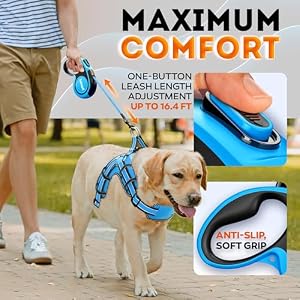 Retractable Dog Leash with Anti Slip Soft Grip 16 ft Heavy Duty Reflective Nylon Tape Lead for Pets up to 50 lbs Long Dog Leash with Anti Twist Protection Blue 0 50 lbs