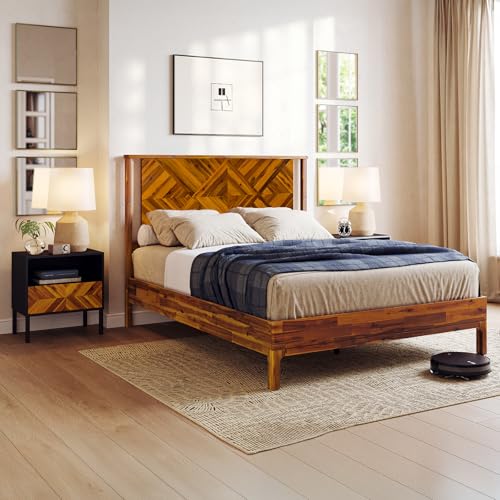 Image of Bme Ethan Queen Bed Frame with Diamond Headboard, Mid Modern, Solid Acacia Wood, No Box Spring Needed, Fits All Mattresses, Rustic Caramel