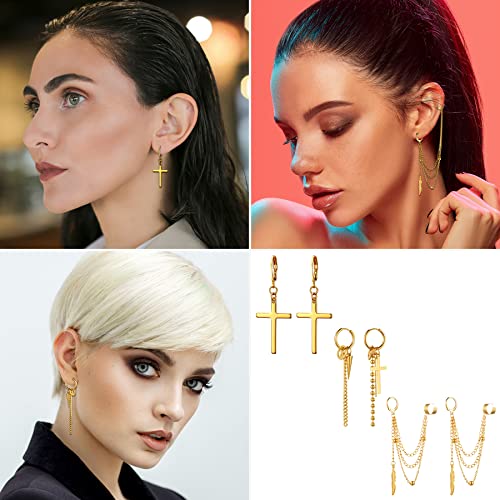 Cupimatch 3 Pairs Hoop Dangle Earrings Stainless Steel Huggie Hinged Chain Feather Cross Pendant Hoop Earrings3