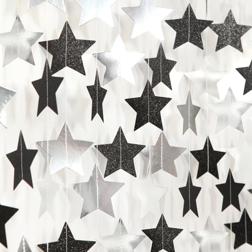Image of Black-Silver Birthday Graduation Party-Decorations Garland - 62ft Glitter Twinkle Little Star Hanging Streamers Banner Decor,Bachelorette Wedding Baby Bridal Shower New Years Supplies Backdrop Hugtmr