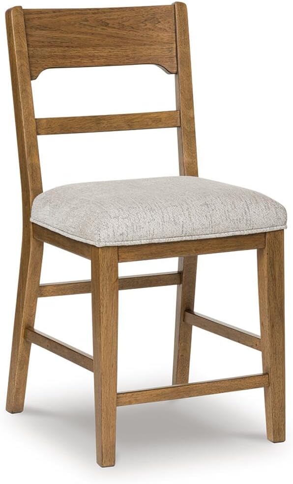Signature Design by Ashley Counter Height Bar Stools Set of 2, Light Brown | Solid wood frame, Hickory veneer and MDF substrate backrest, Oatmeal polyester upholstery, Farmhouse style, Cabalynn Series