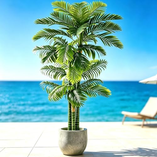 Image of 8.5FT Artificial Golden Cane Palm, 4 Trunks Large Faux Palm Tree | Realistic Foliage, UV Resistant, Indoor /Outdoor Fake Plant in Pot, Tropical Decor for Patio Living Room Office, Easy Setup