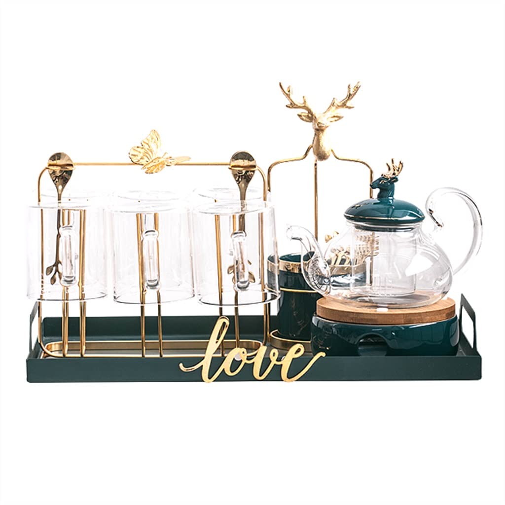 SnamicE Tea Set, Nordic Flower Teapot Set Glass Household Water Set Afternoon Tea Fruit Flower Tea Tea Set Teacup Candle Heating,