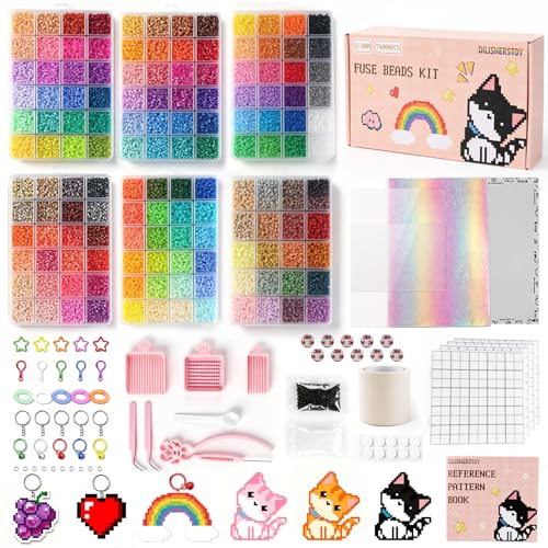 dilisherstoy 74000+Pcs Fuse Beads Kit 144 Colors 2.6mm Mini Fuse Bead Kit 200+ Patterns DIY Crafts Supplies for Women Ideal Christmas Birthday Party Gift for Women Wall Art Room Decor All-in-One