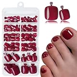 LoveOurHome 120pc Burgundy Press on Toenails Women Fake Toe Nails with Glue Tabs, Wine Red Fake Toenails Press on Toe Nails Glue on Toenails Acrylic Toe Nail Tips Artificial False Toenails for Women