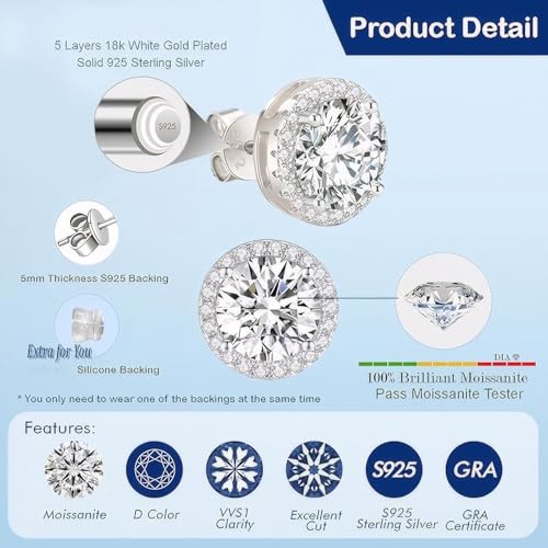 Moissanite Stud Earrings for Women & Men, 18K White Gold Plated 925 Sterling Silver, D Color VVS1 Round Brilliant Cut, Secure Push Back Fit Hypoallergenic Daily Wear Jewelry2