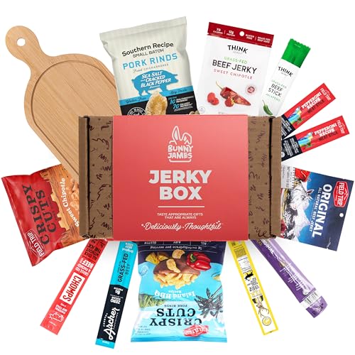 Product Image of the Beef Jerky Gift Baskets for Men with Mini Cutting Board: Healthy Exotic Jerky Gift Box Includes Variety Of Pork Rinds, Venison, Chicken, Elk, Pork & Beef Meat Sticks - Great Gifts For Men