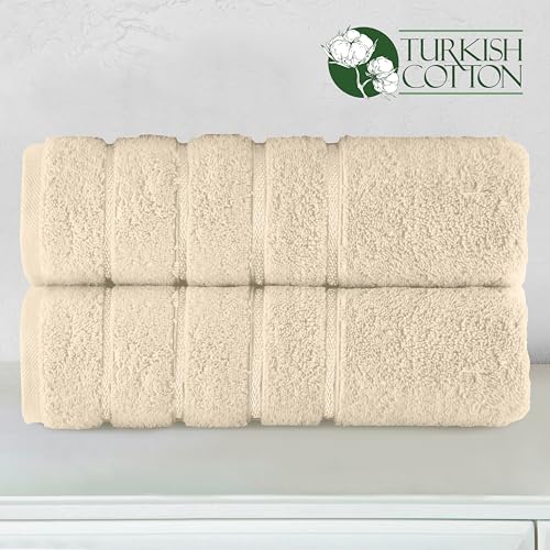 Image of Elegant Comfort 100% Turkish Cotton 4 Lines Viscose Stripe Luxury 2 Pack Bath Towel Set 27 x 54 Inch - Super Soft and Highly Absorbent Premium Hotel Spa Quality Towels for Bathroom Use, Ivory