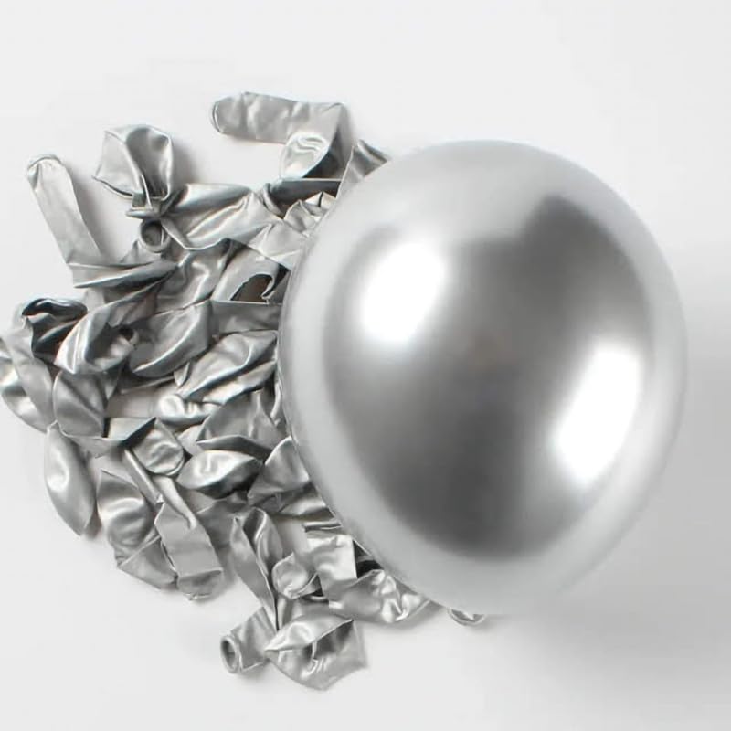 Image of Chrome Metallic Balloons Silver 100 pcs Glossy Latex Balloon for Birthday Decoration Kit Wedding, Anniversary Floral Garland 10 Inch Helium Supported