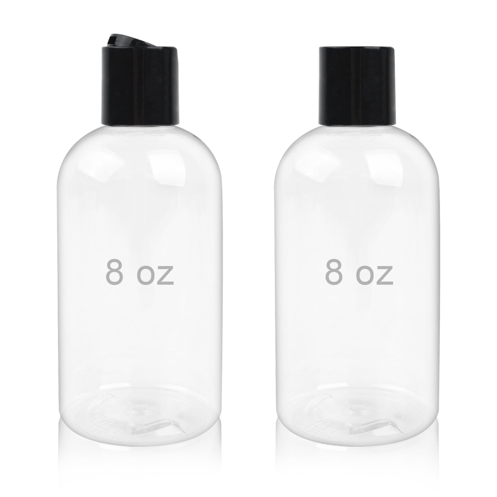 Neendohome 2 Pack 8 oz Empty Plastic Bottles with Black Disc Caps Reusable Clear Leak-Proof Travel Squeeze Containers for Shampoo Conditioner Toiletries Liquid Soap