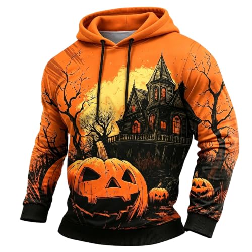 Hoodies for Men Halloween Spooky Castle Pumpkin Print Hoodie Casual Long Sleeve Y2k Pullover Sweatshirt Holiday 2026 Orange - image 1