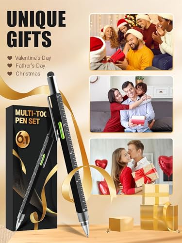 Image of Multifunction 6 in 1 Tool with Ballpoint Pen, Touch Screen Stylus, Ruler, Spirit Level, Flat-head Screwdriver, All-in-One Tech-Tool Gadgets for Mens Gifts, Aluminium