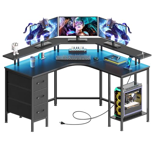 Seventable Corner Desk with Power Outlets & 3 Drawers, 44.6" Reversible Small L Shaped Computer Desk with LED Lights, Gaming Desk with Storage Shelves, Home Office Desk with Monitor Stand, Black