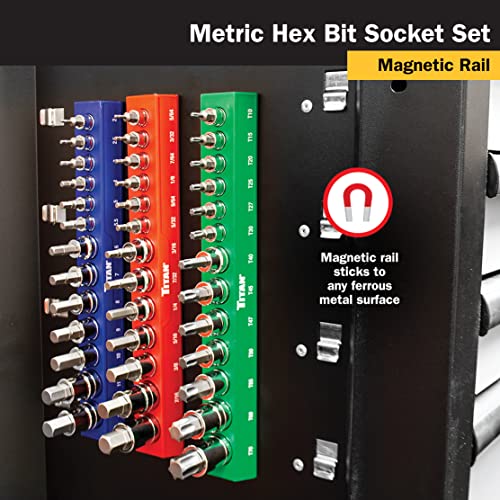Titan 85531 13-Piece Metric Hex Bit Socket Set, Magnetic Socket Organizer with Laser-Etched Size Markings
