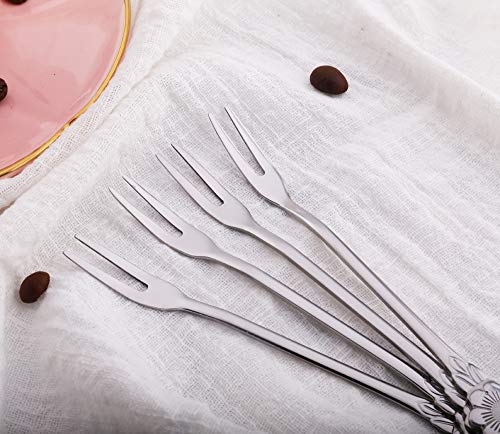 8Pcs 4.9 Inch Flower Stainless Steel Friut Forks Small Pickle Forks Dessert Cake Forks Salad Bistro Cocktail Fork Two Prong Dinner Appetizer Fork For Banquet Party Seafood Cocktail (Silver) #TOP3