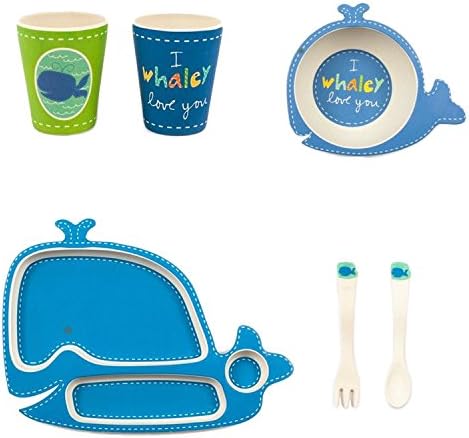 Tiny Footprint Kids Bamboo Dinnerware Set, Plate, Cup, Bowl and Utensil Set, Reusable Eco-Friendly Bamboo, Wally Whale, 6 Piece
