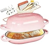 Enameled Cast Iron Sourdough Bread Oven, Dutch Oven for Bread Baking, - incl. Sourdough Bread-Baking Supplies like Banneton Bread-Proofing Basket - 5QT Loaf Cast Iron Bread Pan-Making Kit Pan, Pot, Sour Sough Tools, Lame (Pink)