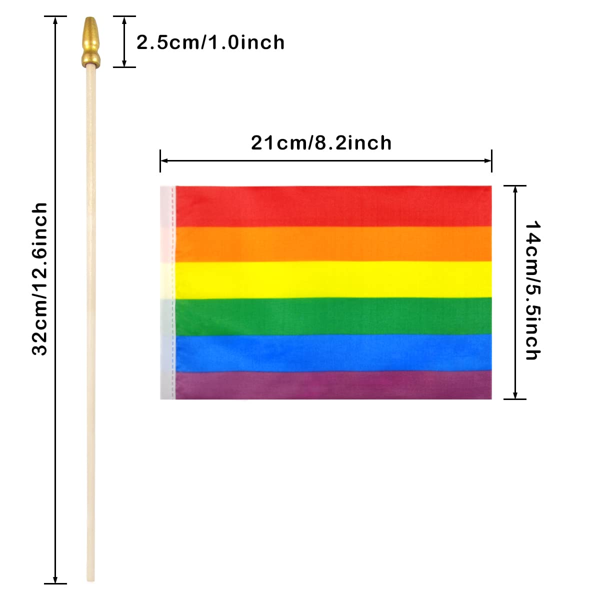 G128 LGBT Rainbow Pride Handflaggen Set - 12 Stück, 20x30 Cm, Mit Holzstab & Goldspitze | Perfekt Für Paraden & Feiern
