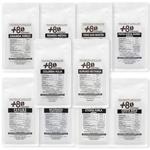 +80 Coffees by Quality Roasters Pack de 10 Paquetes de 100gr, 10 Orígenes, 100% Café Arábica de Especialidad, Puntuación SCA Superior a 80 Puntos, Tostado Artesanalmente, Tueste Medio, Grano Entero