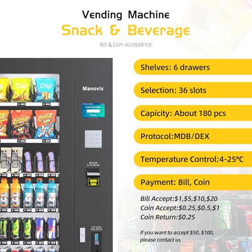 Image of 36 Slot Combo Vending Machine for Business, Refrigerated Commercial Vending Machine for Sale with Bill and Coin Acceptor, Snack and Drink Combo for Office, Card Reader Ready