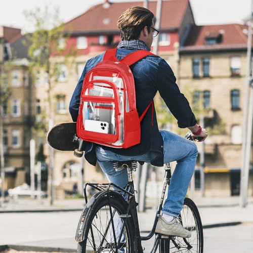 Image of KIMNERPU Clear Backpack, Heavy Duty PVC Transparent Backpack with Reinforced Straps, See Through Multiple Pockets Large Capacity Bookbag for Concert Work Security Travel Festival (Red)