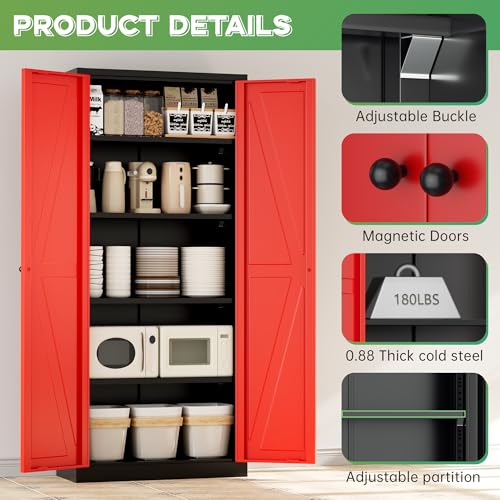 Image of INTERGREAT Metal Storage Cabinet with Magnetic Doors, 63 inch H Modern Classic Style Metal Cabinets with 2 Doors and 4 Adjustable Shelves for Home Office, Kitchen, Bathroom (Black Red)