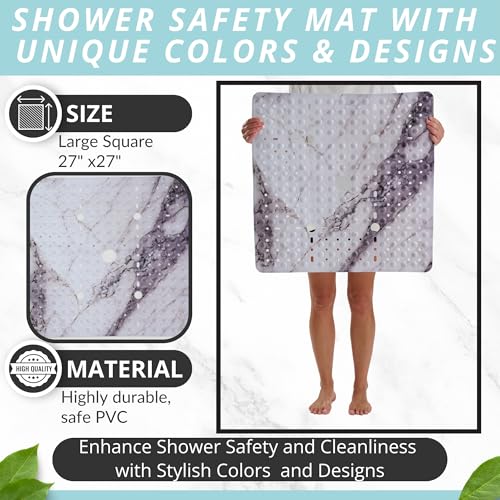 Image of ENKOSI Square Shower Mat 27x27 inch - Anti Slip Shower Stall Floor Mat - Non Slip Shower Mats with Strong Secure Suction Cups and Drain Holes in Middle (27x27 Marble Grey)