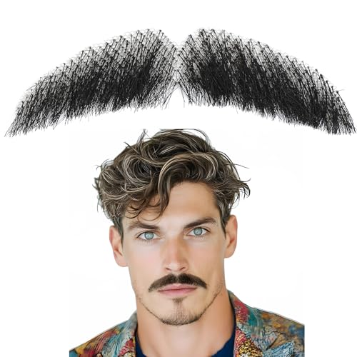 Fake Beard Natural Realistic 100% Human Hair Fake Mustache Handmade Invisible Lace Fake Facial Hair for Costume/Drama/Parties//Cosplay/Halloween/Film Makeup (Black Fake Beard 2-1)